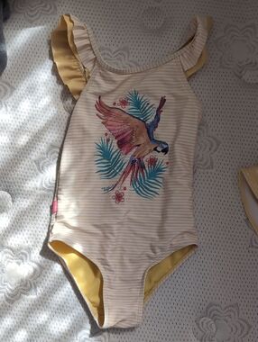 Girls Yellow Striped Parrot One-Piece Swimsuit